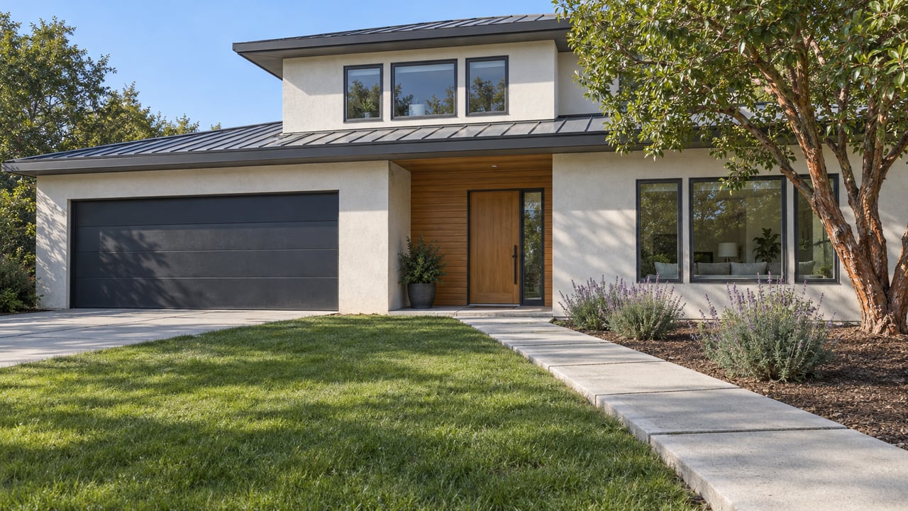 Contemporary stucco home with a dark garage, recessed cedar entry, and a broad lawn beside a concrete approach.