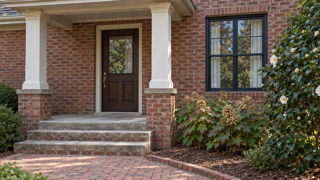 Daylit brick house entrance with ivory porch columns, worn concrete steps, a dark timber door and carefully placed camellia and oakleaf hydrangeas.
