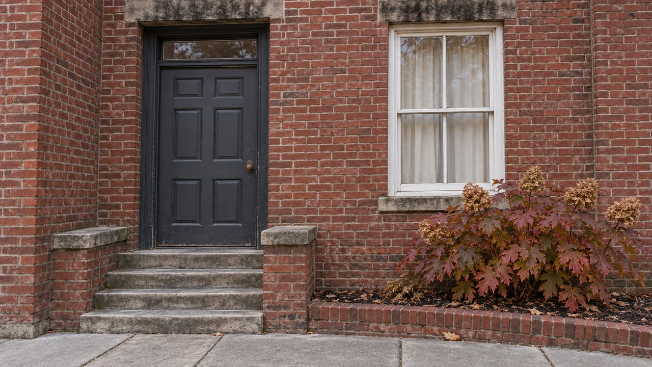 Weathered red-brick rowhome entrance with a charcoal door, limestone steps, a white sash window and autumn oakleaf hydrangea.