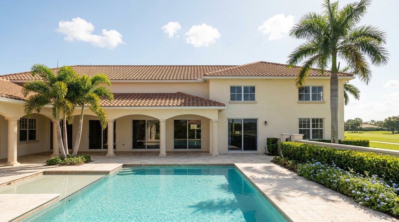 Turquoise clubhouse pool before a cream stucco arcade, terracotta tile roof, palms, and clipped fairway-side hedge.