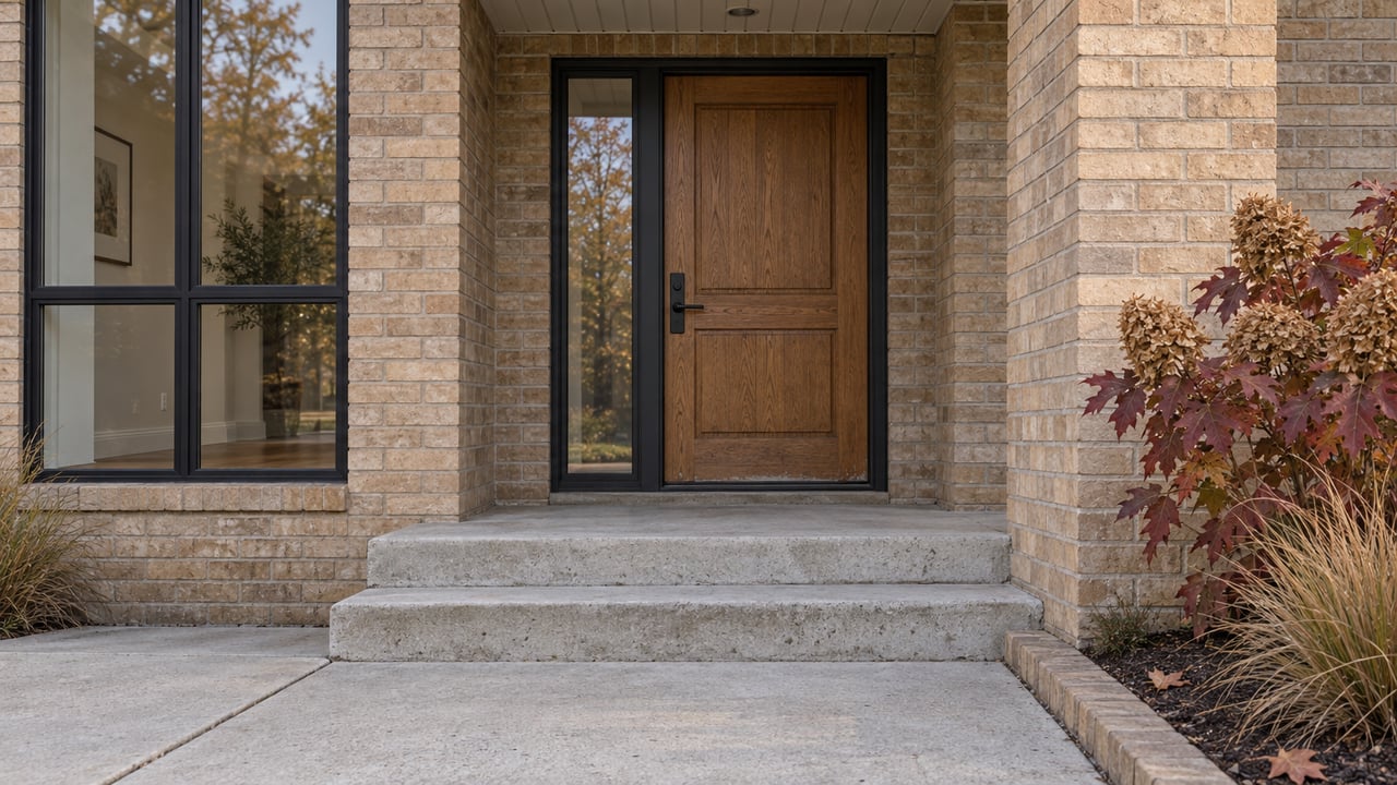 Brick home entrance with a paneled wood door, broad concrete steps, and autumn landscaping.