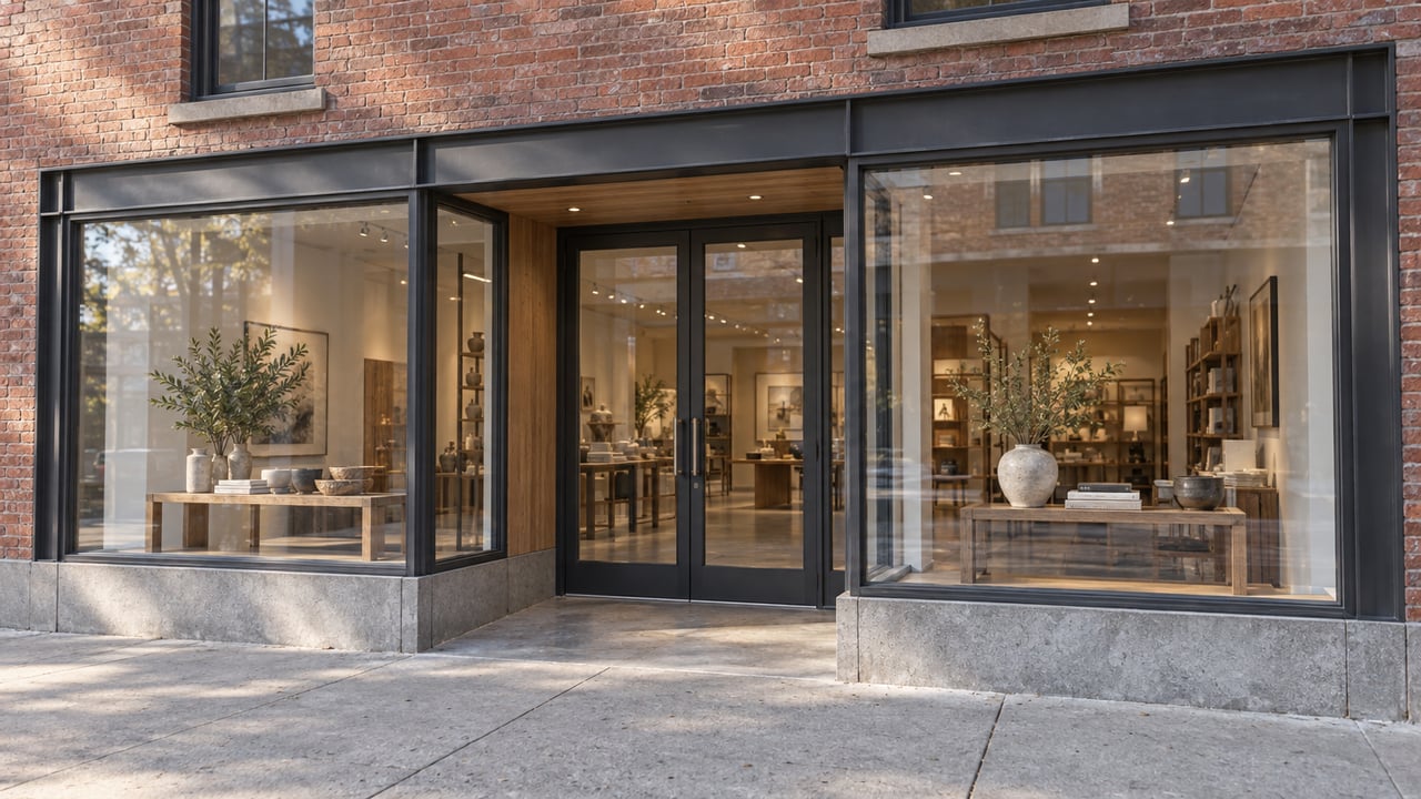 Downtown storefront with charcoal-framed glass bays, recessed entrance, and weathered red brick facade.