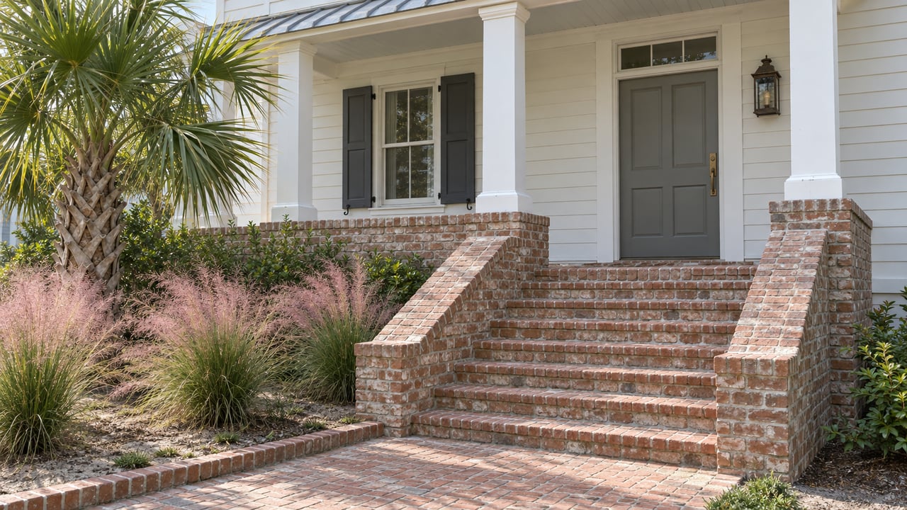 Raised white clapboard home with a sheltered entry, brick steps and softly flowering pink muhly grass beside a dwarf palmetto.