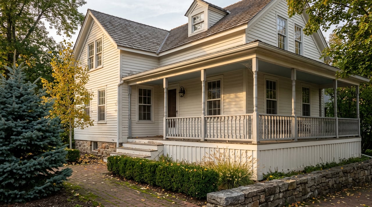 Two-story white clapboard home with a wraparound porch, a gold-leaved aspen, and a brick walk scattered with leaves.