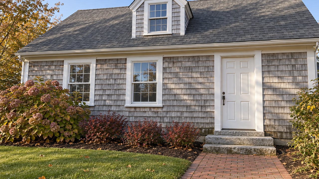 Weathered cedar-shingle house with white sash windows, a gabled dormer, granite entry steps and faded autumn hydrangea beside a brick walk.