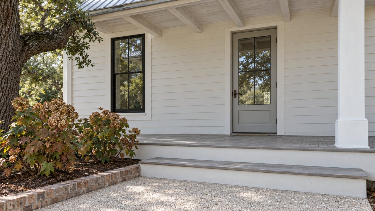 A covered porch with white wood siding, a closed glazed door, gray timber steps and an oyster-shell aggregate landing beside oakleaf hydrangeas.