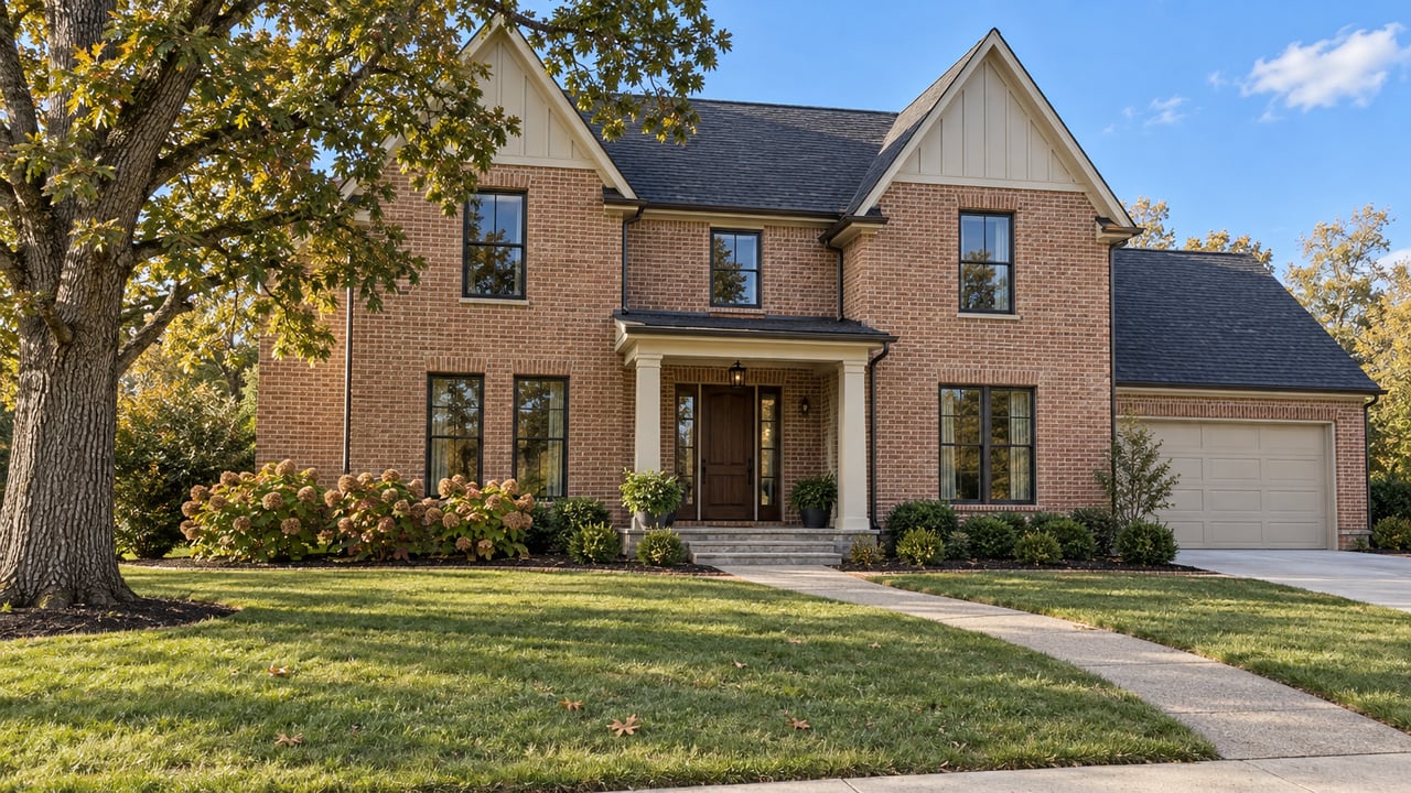 A large brick home with gabled roofs and a covered porch beyond a deep lawn and curving concrete walk, with a mature white oak and oakleaf hydrangeas.