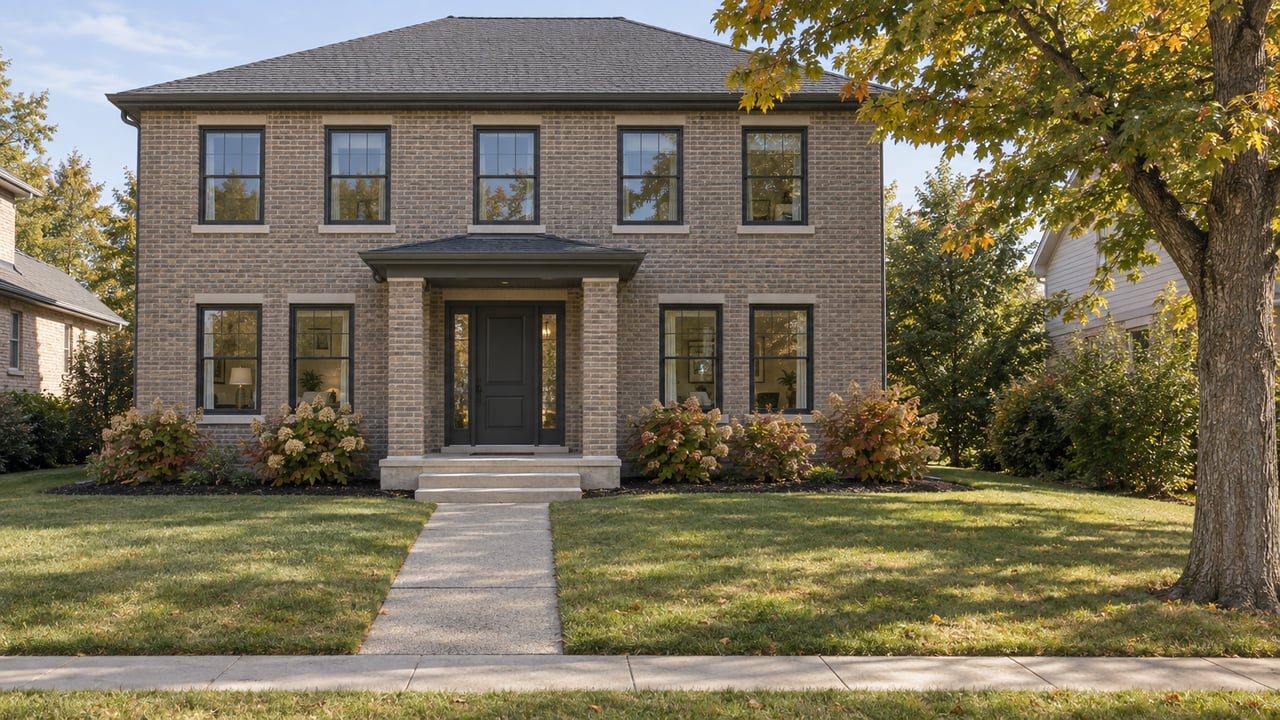 Symmetrical two-story brick home behind a deep lawn, with a recessed entry and a mature maple beginning to turn amber.
