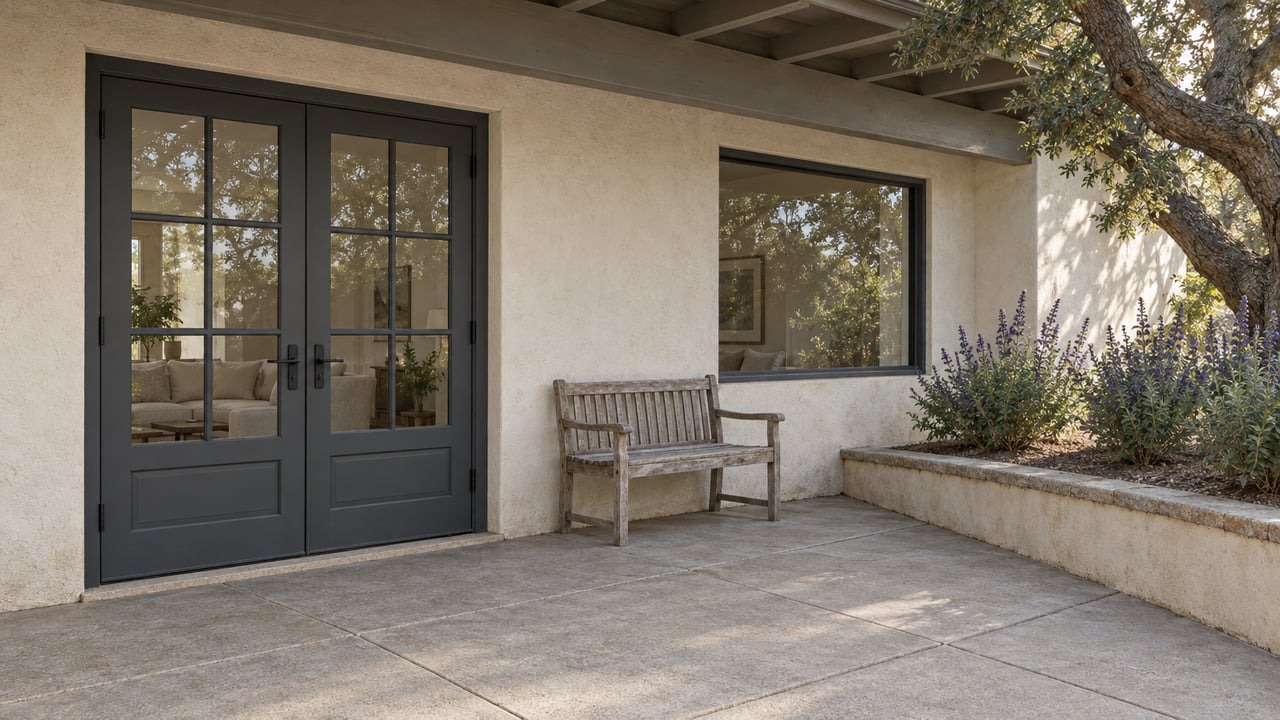 Covered stucco-home terrace with charcoal French doors, weathered teak seating and a raised bed of flowering sage beneath a mature oak.