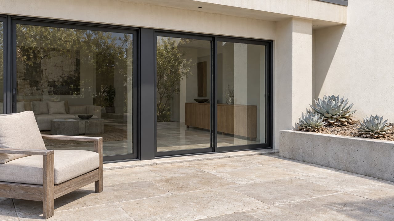 A modern home's sheltered stone terrace with closed glass sliders, a teak chair, and three powdery blue-gray succulent rosettes in a raised concrete planter.