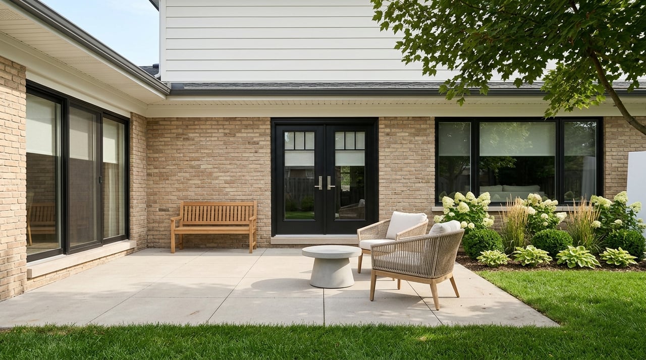 Patio outside French doors, bordered by curated planting and minimal outdoor furnishings.