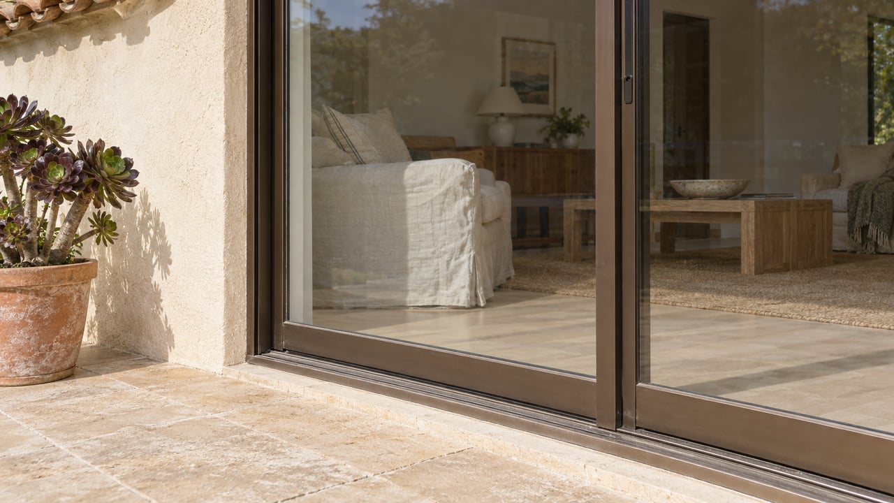Closed bronze-framed glass door opens onto a limestone terrace, with a potted aeonium beside it.