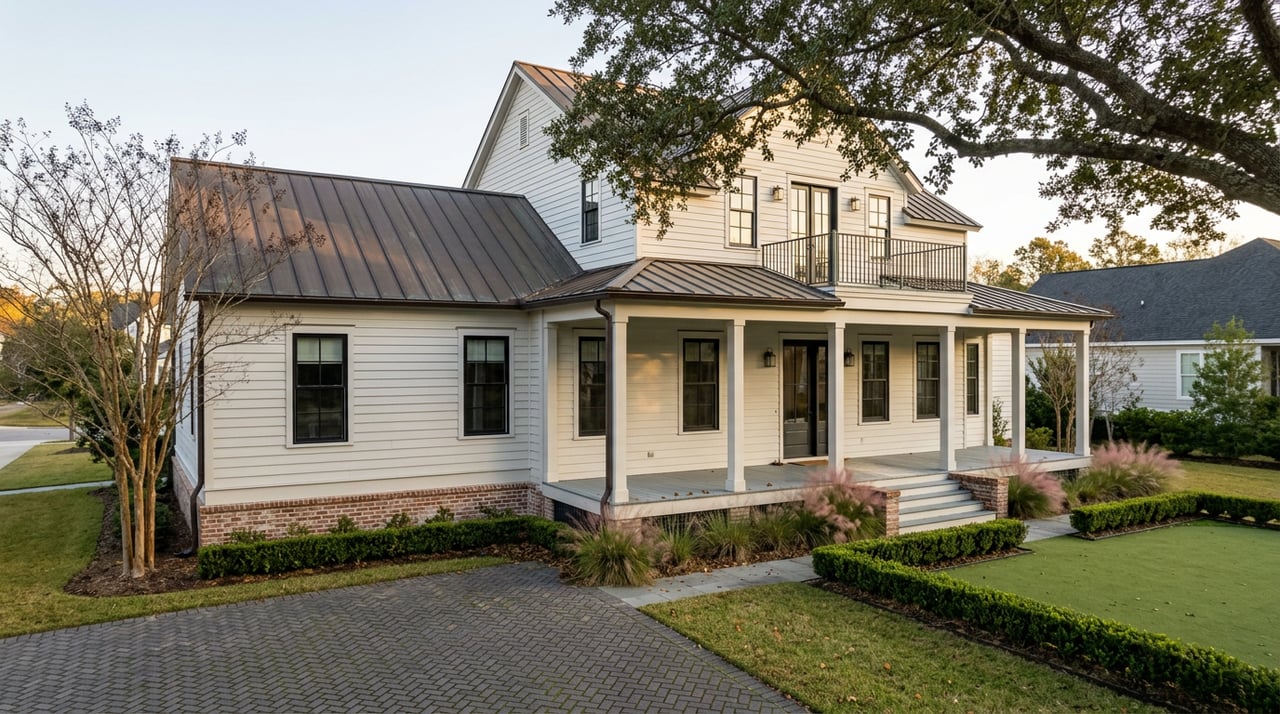Two-story white home with wraparound porch, live oak canopy, and hedge-bordered practice green.