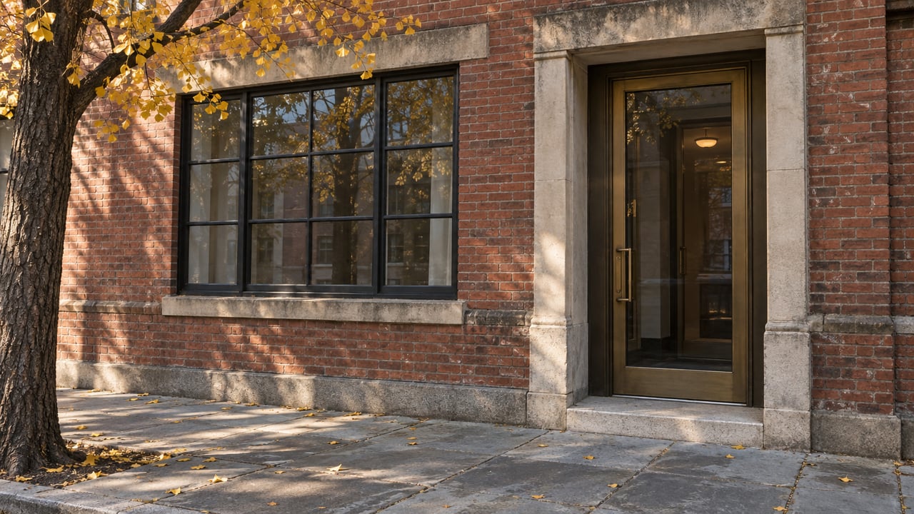 Recessed bronze-and-glass doorway beside a black divided-light window, with golden ginkgo leaves scattered on bluestone.