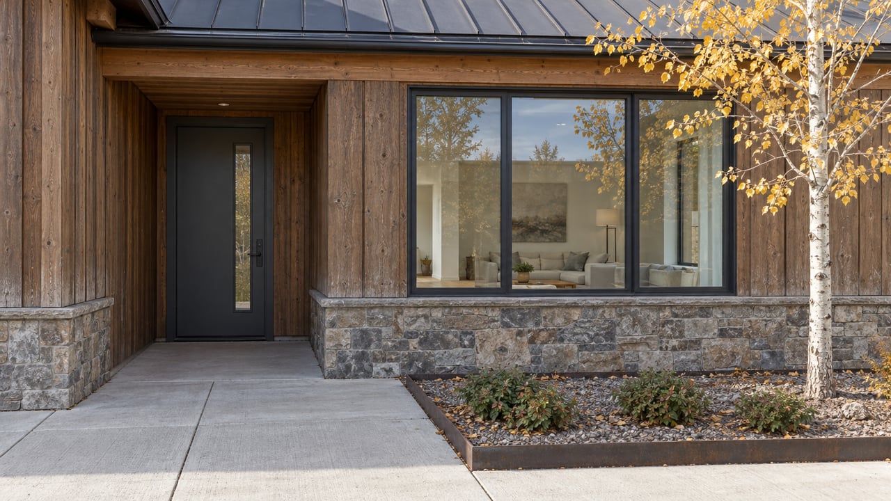 Timber-and-stone condo entrance beside large black-framed windows, with a concrete approach and golden-leaved aspen.