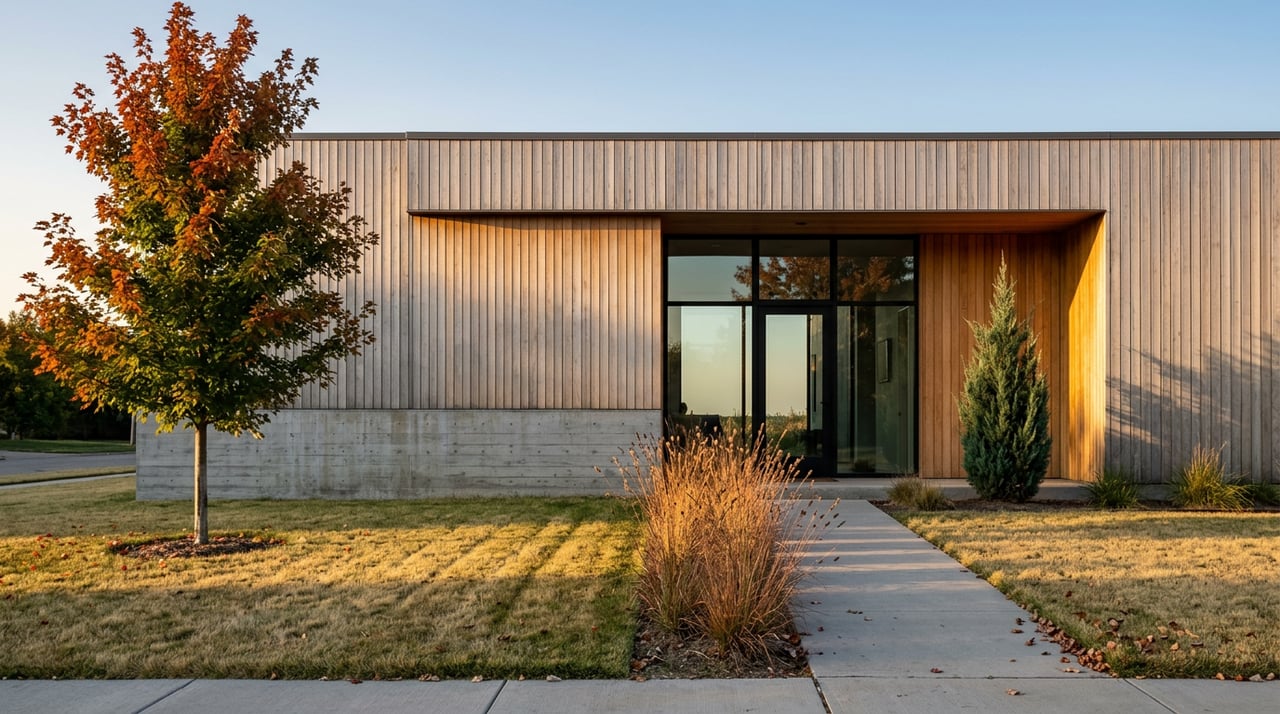 Contemporary cedar-and-concrete house with broad glazing, a red-orange maple, and golden grasses along the walkway.