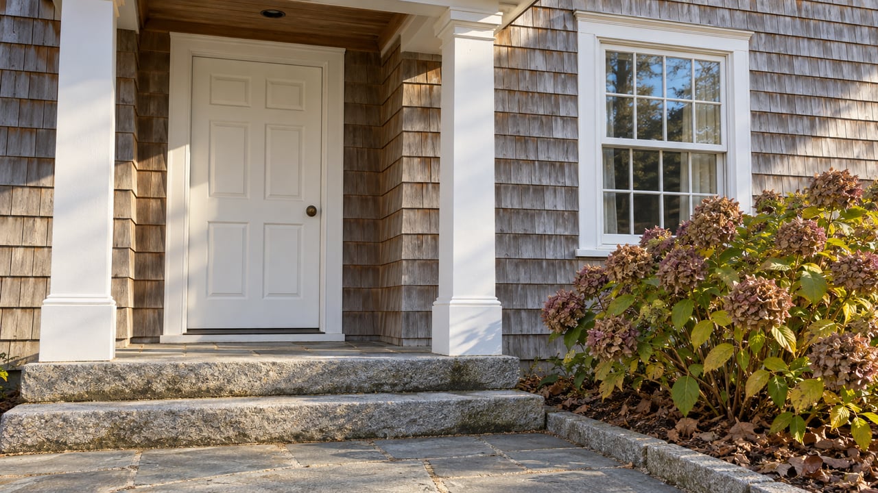 Weathered cedar-shingle entrance with white trim, granite steps and a hydrangea with faded autumn flowers.