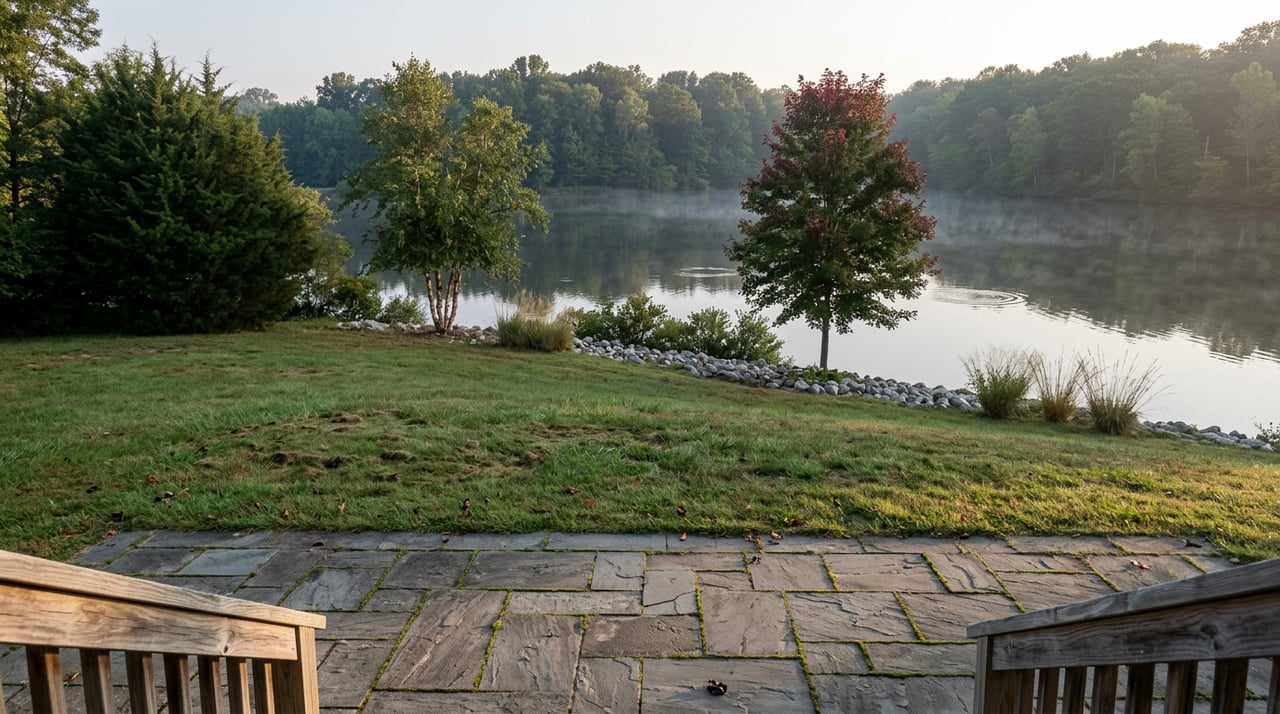 Raised patio overlooking a sloping lawn, rip-rap shoreline, and still cove bordered by trees.