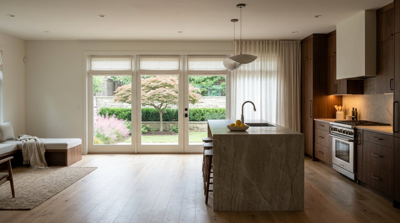 Open-plan kitchen with a stone waterfall island, walnut cabinets, and glass doors framing a Japanese maple.