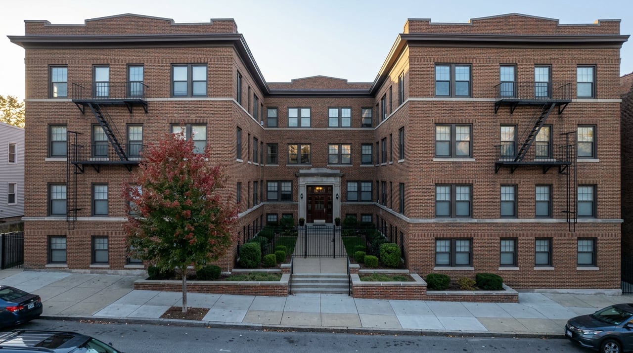 Brick courtyard apartment building with matching fire escapes, recessed gated entrance, and an autumn street tree.