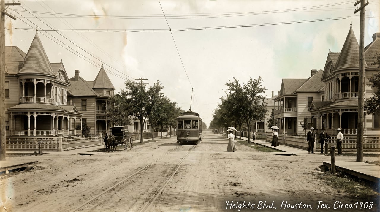 Streetcar on dirt Heights Blvd. past Victorian homes; on-image text: 'Heights Blvd., Houston, Tex. Circa 1908'