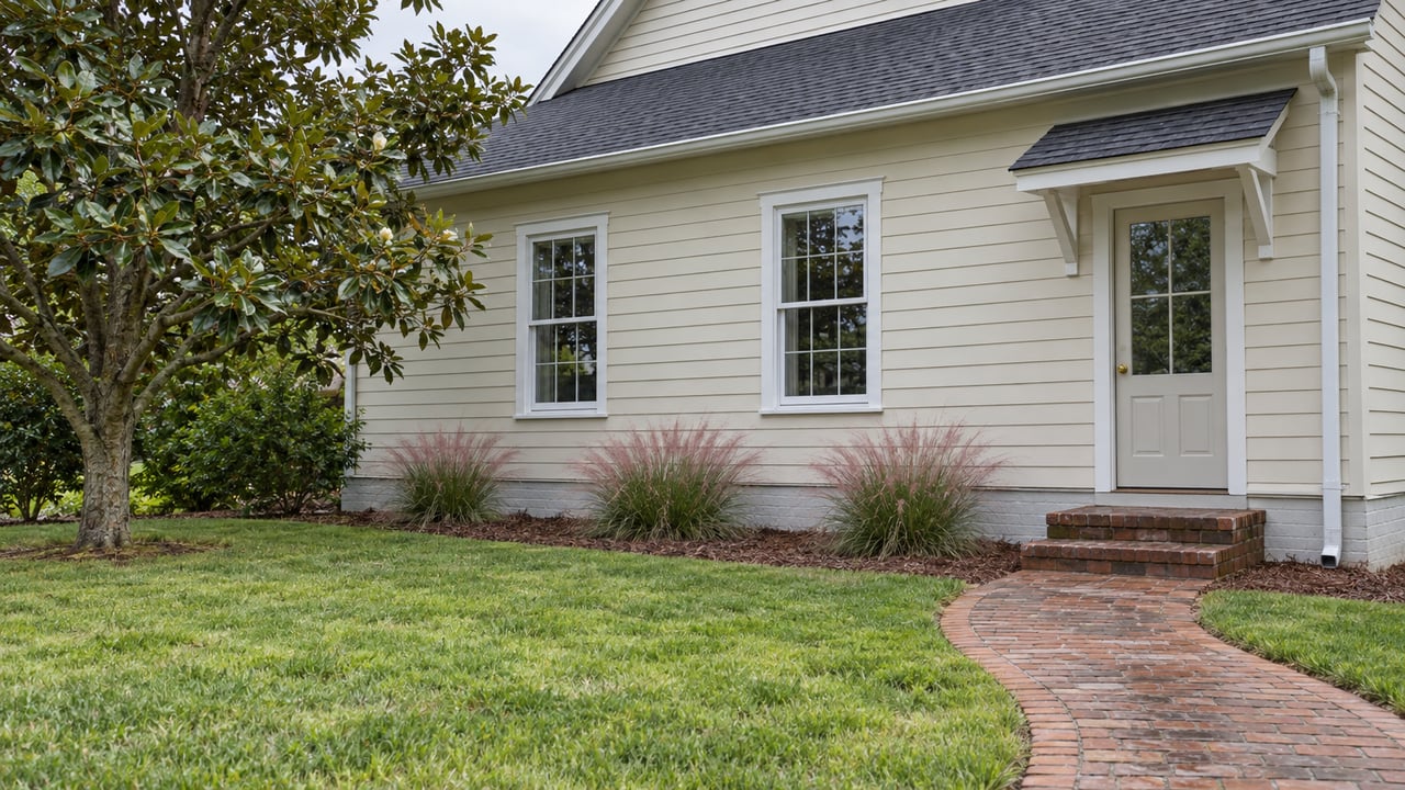 Cream-sided gabled home with tall windows, a brick side entrance and a broad lawn beside a sweetbay magnolia and pink muhly grass.