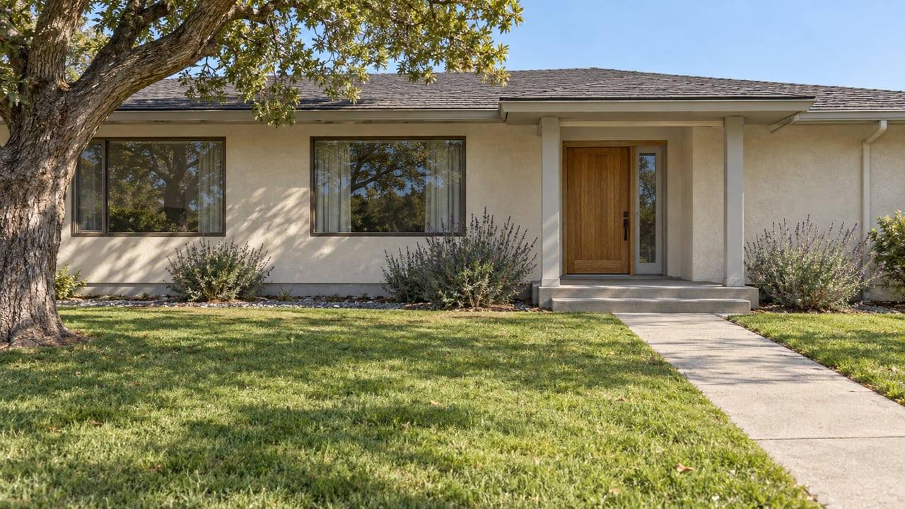 Single-story ivory stucco home with a charcoal pitched roof, recessed oak front door, broad lawn, and a mature oak tree in clear morning light.