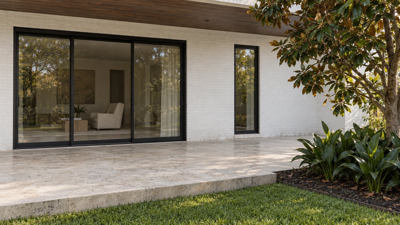 Covered limestone terrace beside white painted brick and black-framed glazing, overlooking a magnolia planting bed.