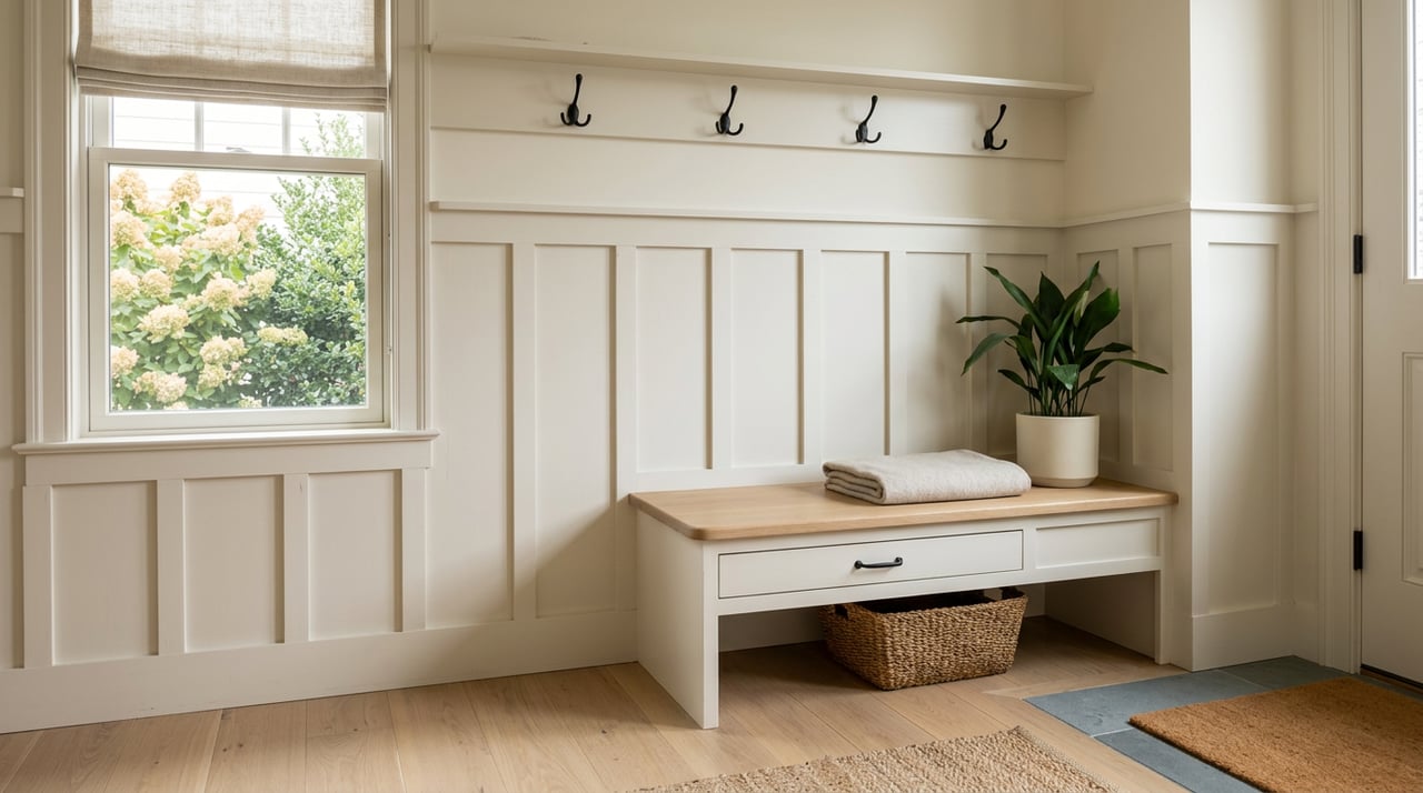 Off-white mudroom with an oak bench, folded wool throw, black hooks, and a potted plant.