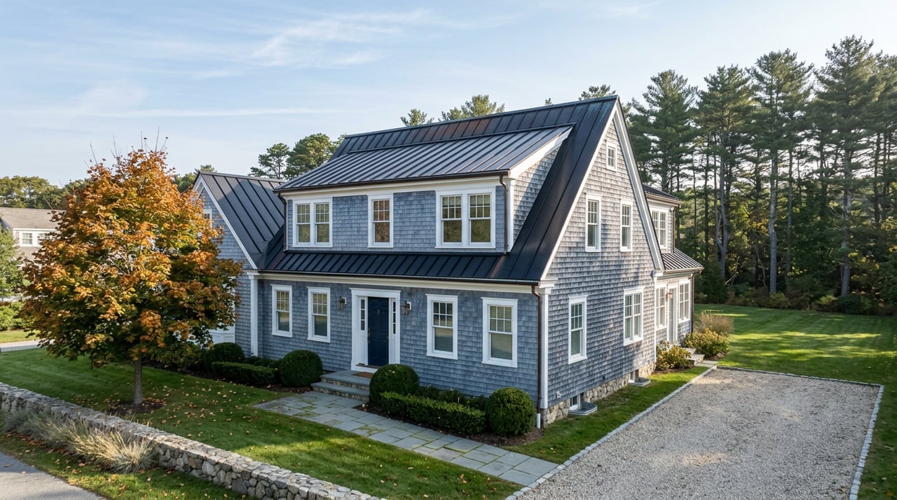Blue-gray shingle-style coastal home with a navy door, amber maple, stone wall, and bluestone walk.