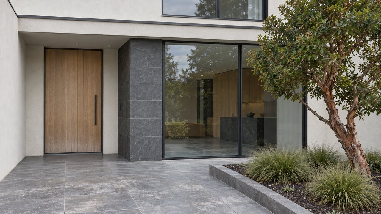 Contemporary stucco and stone home entrance with an oak door, dark-framed glazing and a sculptural strawberry tree beside a paved forecourt.