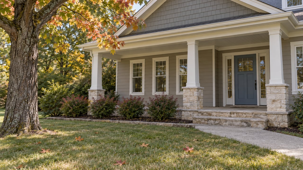 A taupe-sided home with a limestone porch and blue entry door beside a mature maple beginning to show amber autumn leaves.