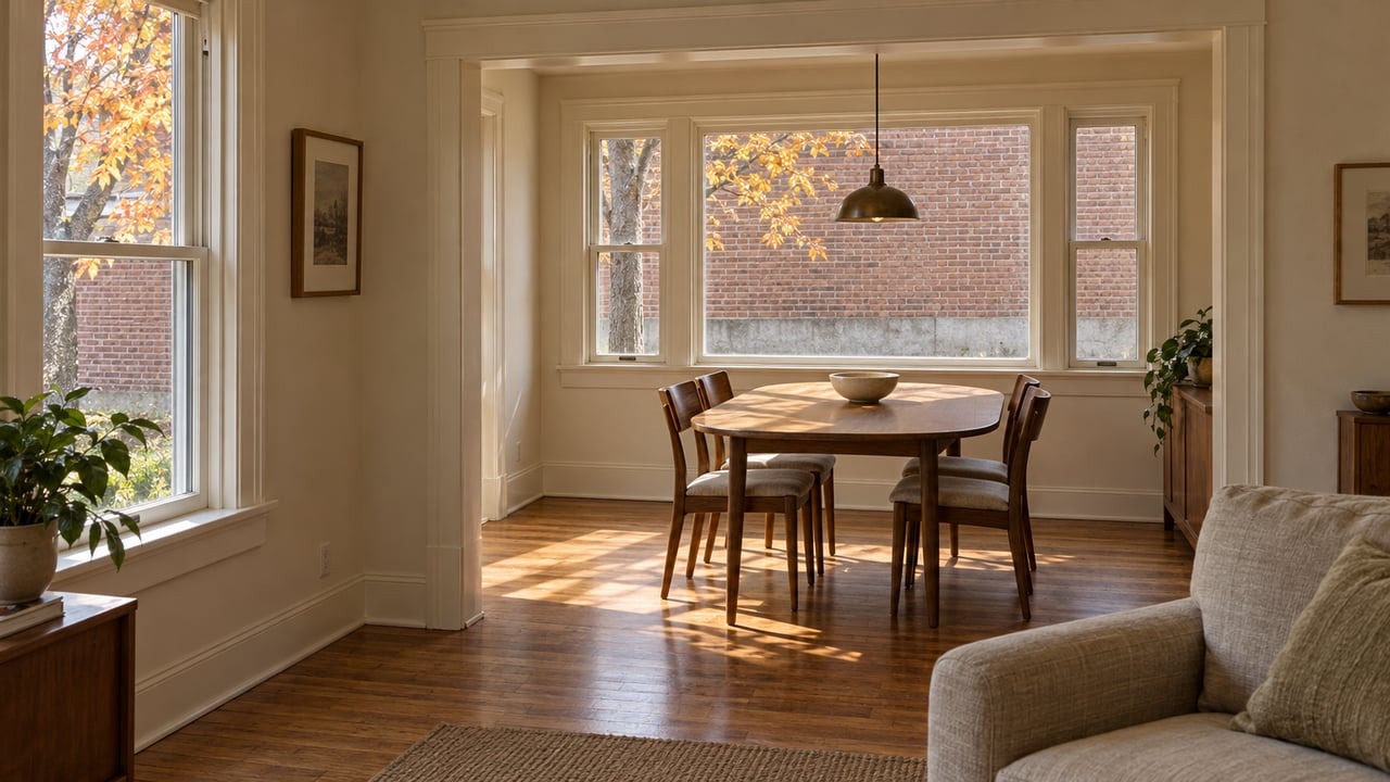 Daylit bungalow dining alcove with an oak table, four walnut chairs, cream plaster walls and honey-toned oak floors, viewed from the adjoining living room.