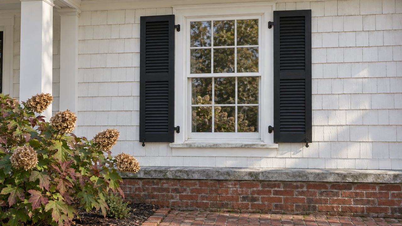 White shingled house with paired black shutters, a brick porch base and oakleaf hydrangea turning wine red.