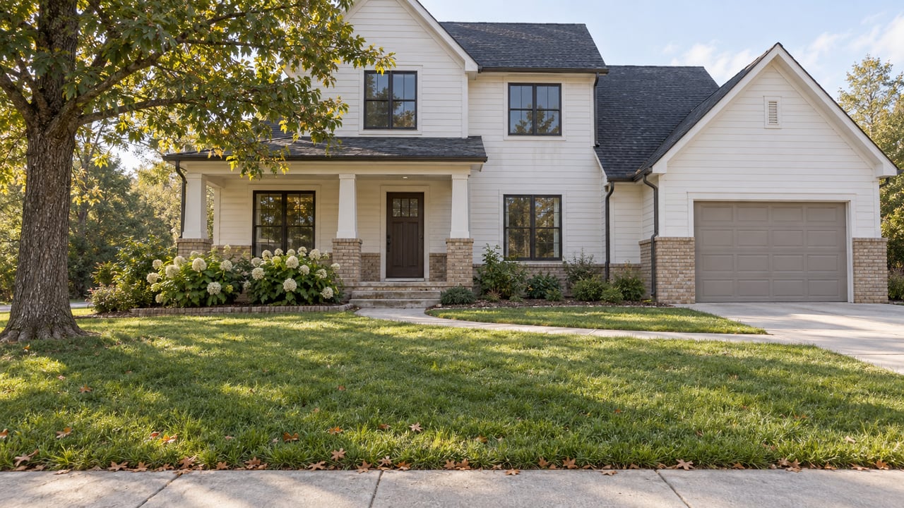 Two-story white-sided house with a recessed porch, closed garage, curving walkway, and broad front lawn.