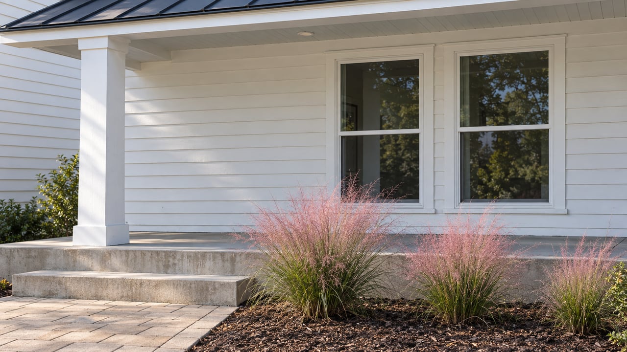 Sunlit white lap-sided porch with charcoal metal roofing, two closed windows, a raised concrete edge and pink-flowering native muhly grass.