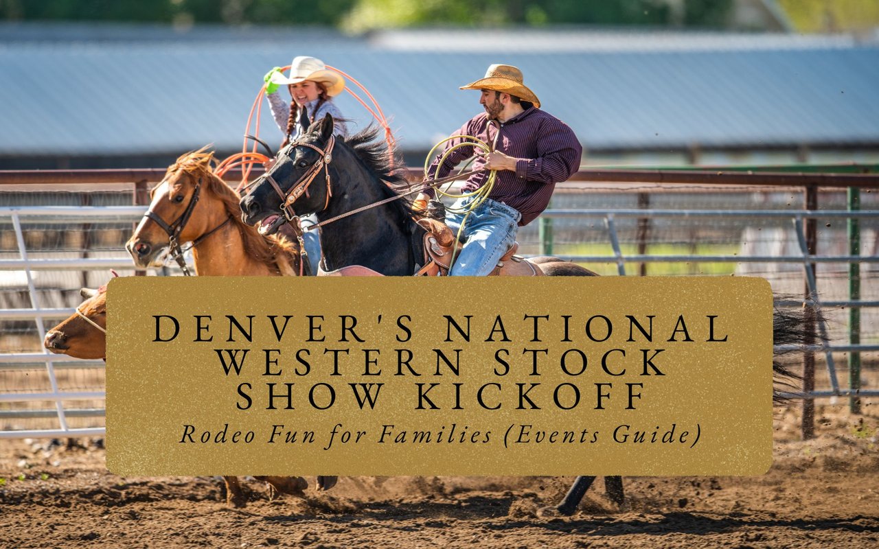 Cowboy gripping a bucking bull during intense rodeo performance at Denver's National Western Stock Show Globe Arena, crowd blurred in excitement.