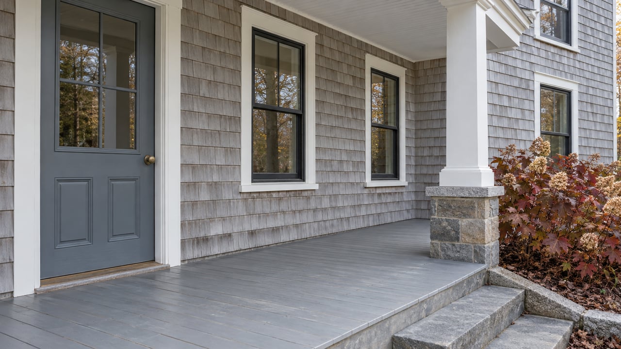 Weathered cedar shingles, a blue-gray front door and white porch trim above gray decking and bluestone steps beside autumn oakleaf hydrangeas.
