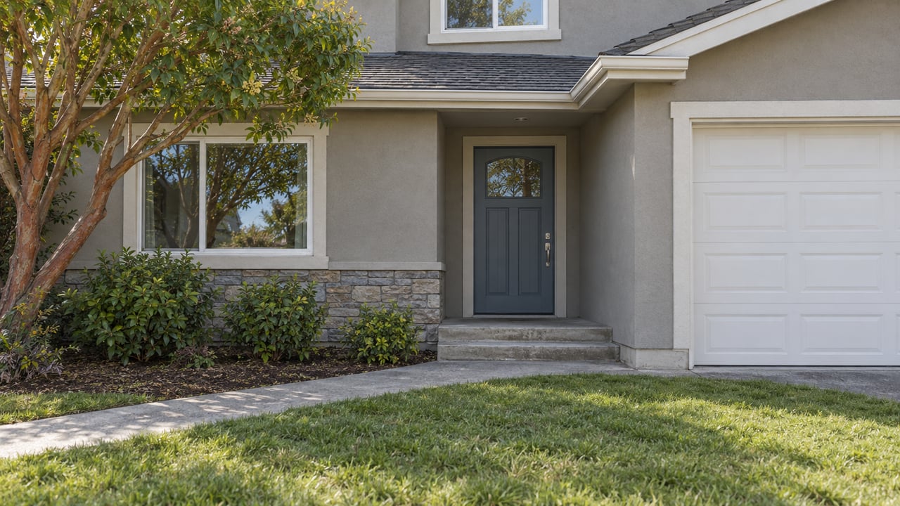Gray stucco home with a recessed blue-gray front door, sandstone base, concrete approach and small planted front lawn.