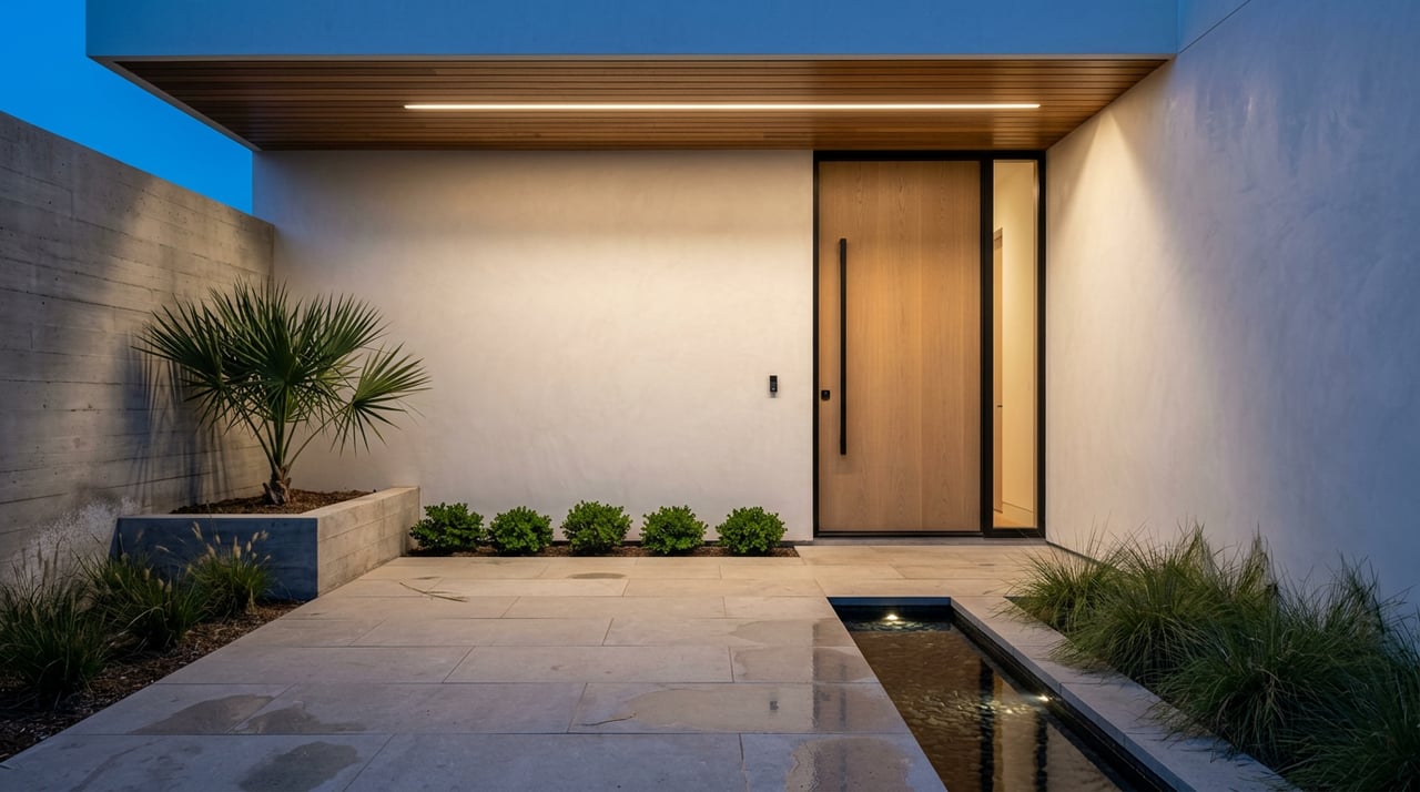 Modern entry courtyard with oak pivot door, concrete wall, limestone pavers, and reflecting rill.