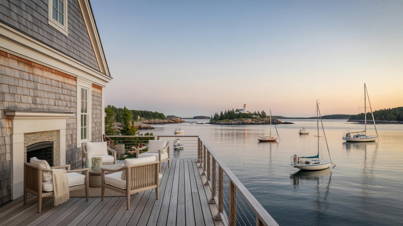 Shingled waterfront house deck with lounge chairs overlooking a calm harbor dotted with sailboats.