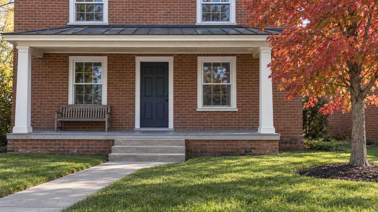 Traditional red-brick home with white porch columns, a blue front door, weathered concrete steps and a red-leaved maple beside the lawn.