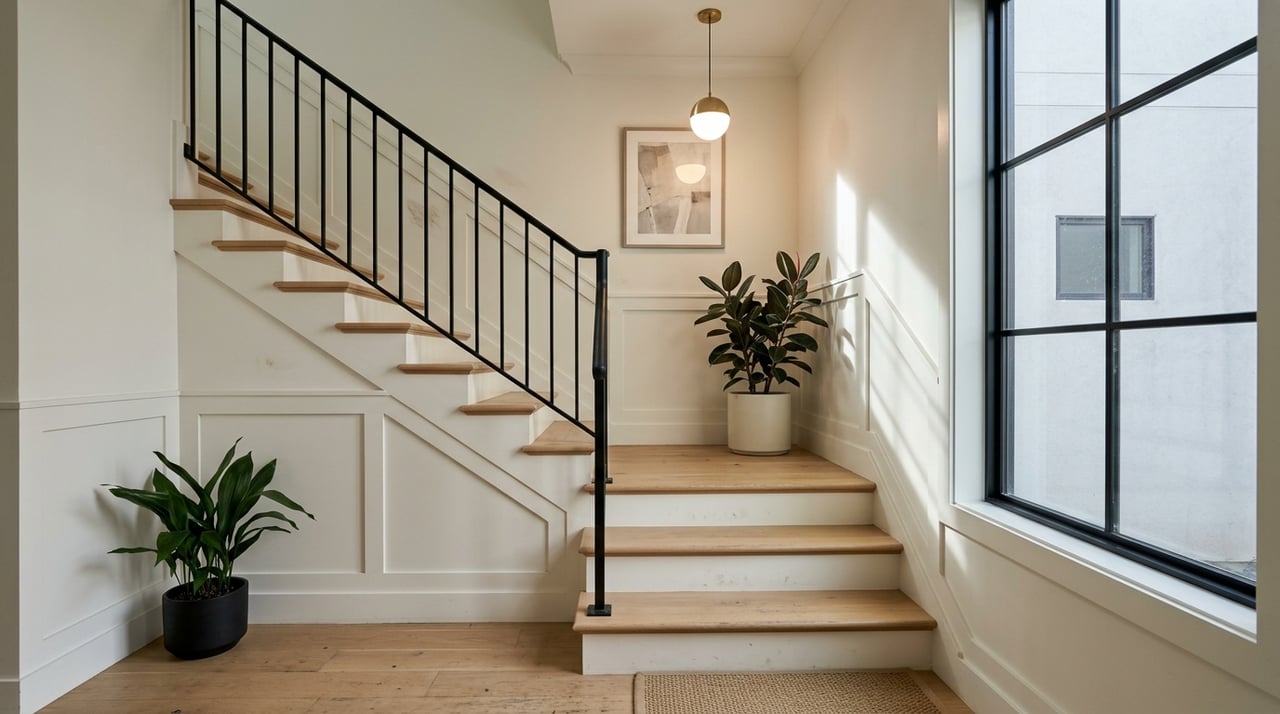 Oak staircase with black steel railing, paneled wainscoting, tall mullioned window, and brass globe pendant.