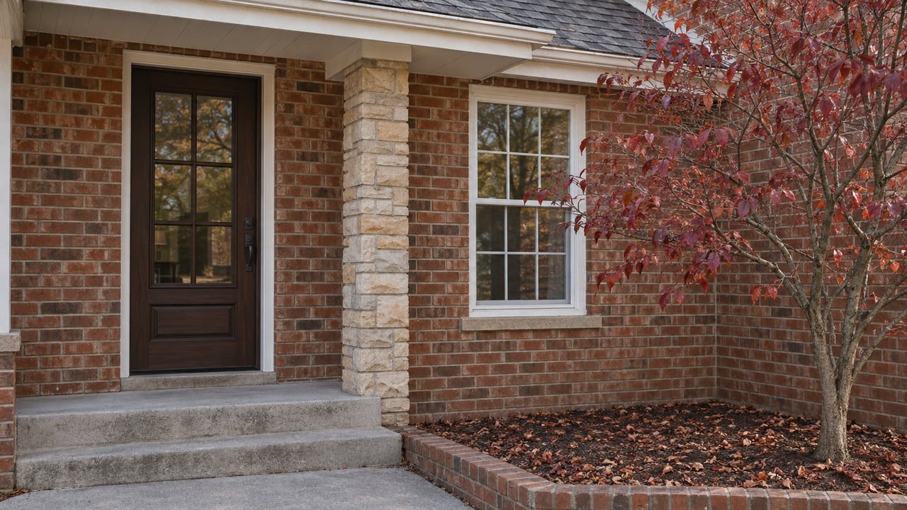 Brick house entry with a dark brown door, divided-lite window, concrete steps, and burgundy-leaved dogwood.