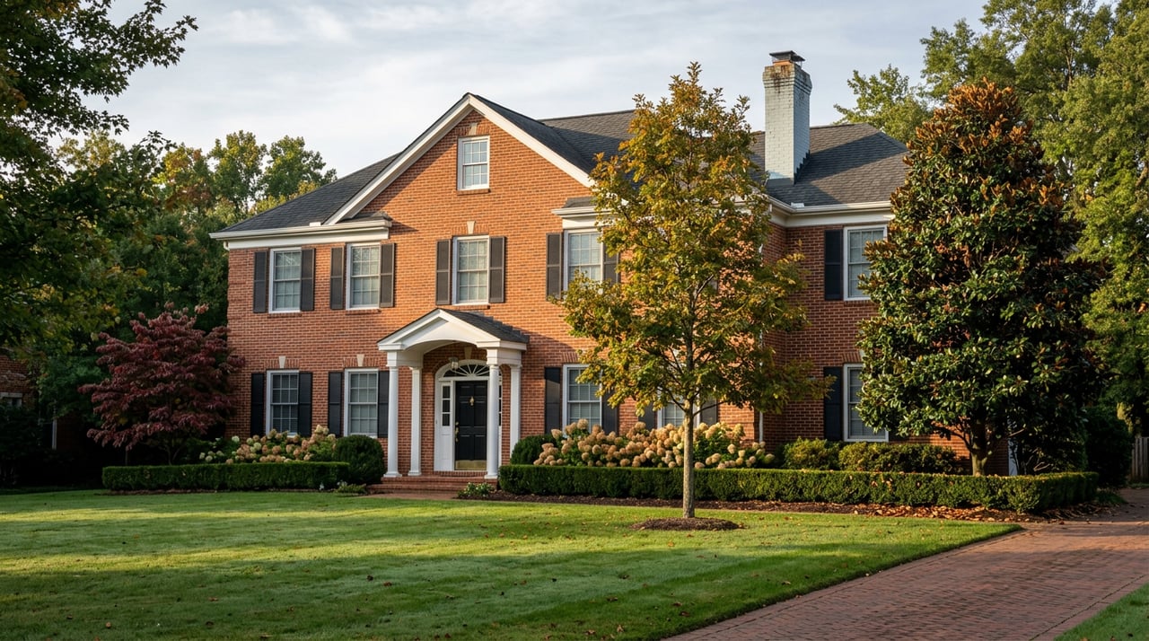 Two-story brick home with white-columned portico, black shutters, curved paver driveway, and oak trees in fall color.