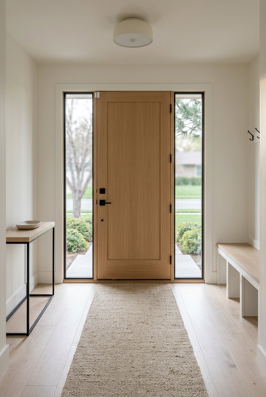 A foyer and front-door threshold lit by morning light.