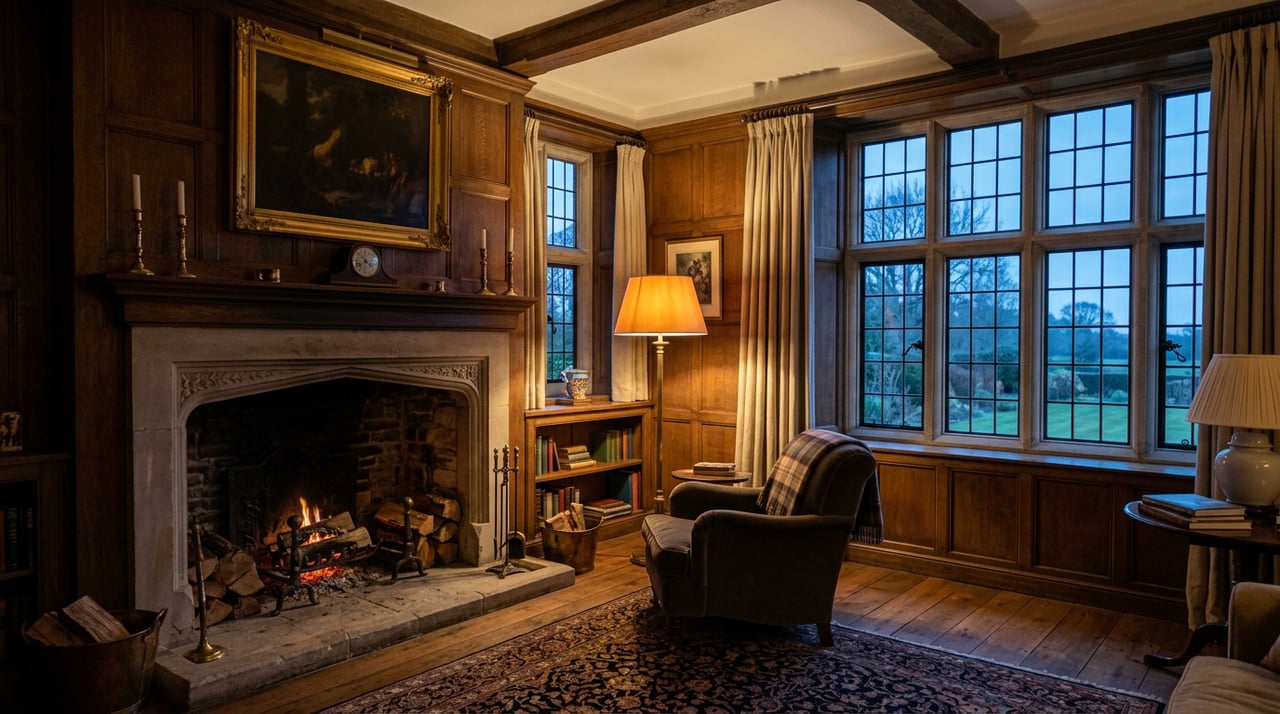 Formal living room with limestone fireplace, built-in bookcases, and black steel windows overlooking a terrace and dogwood.