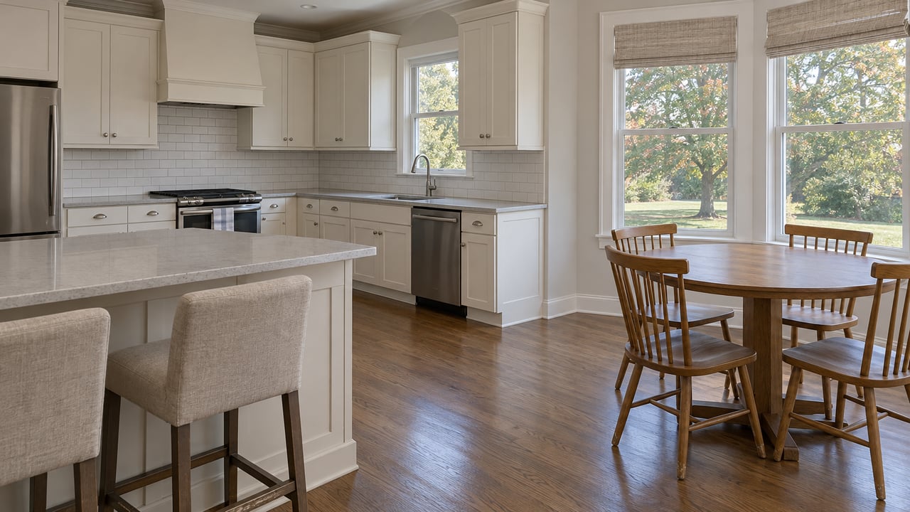 Bright updated kitchen with white cabinets, an oak floor, a quartz island and a dining nook beside windows overlooking an oak tree.