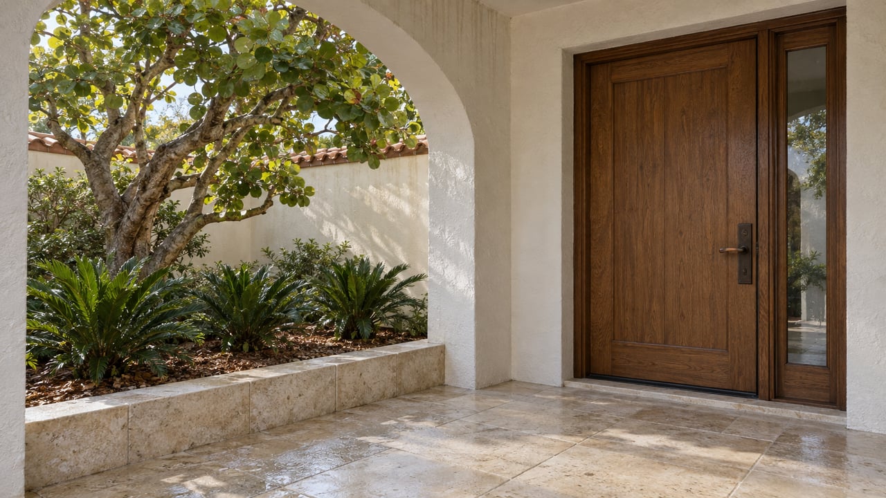 Pale stucco entry terrace with an oak door, limestone paving and a sea grape tree framed by a courtyard arch.