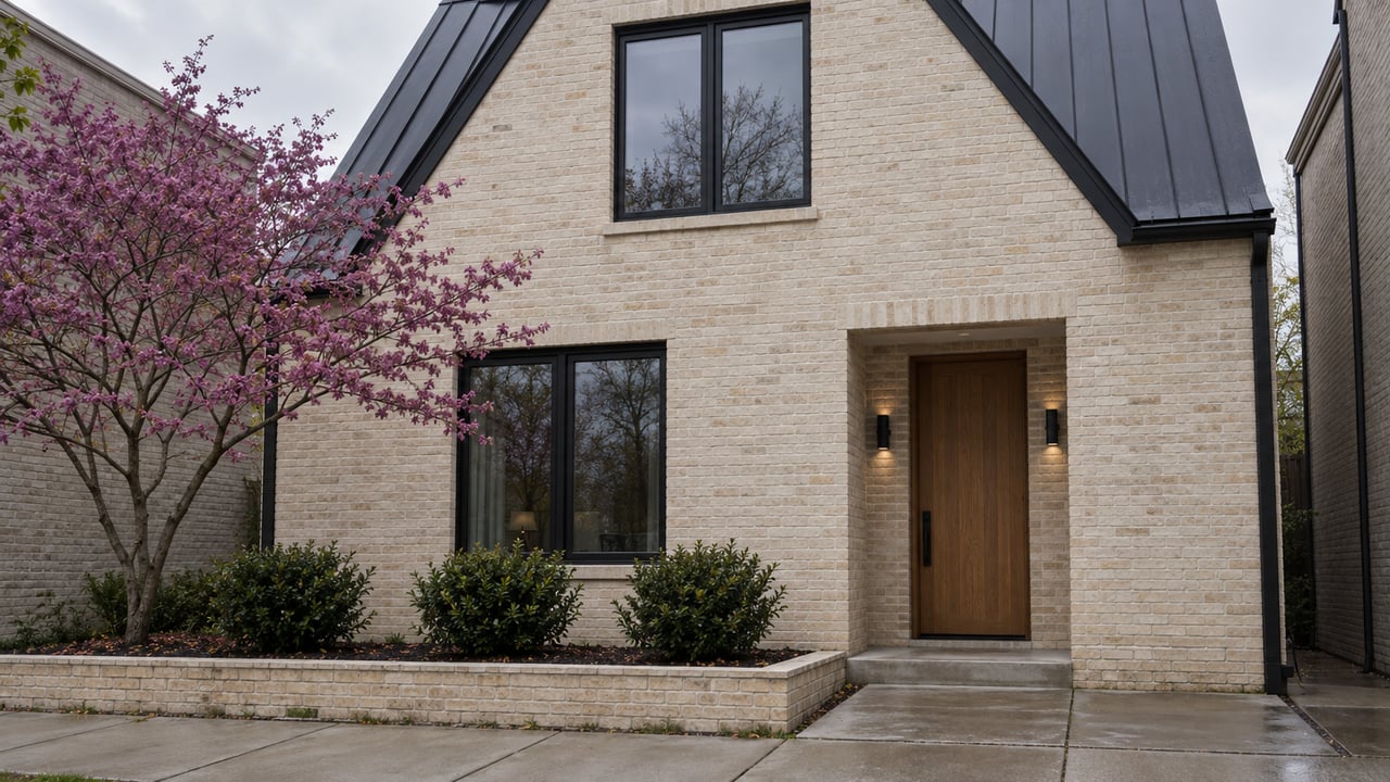 Compact two-story cream-brick house with a charcoal gable roof, recessed oak door, and narrow planted front garden.